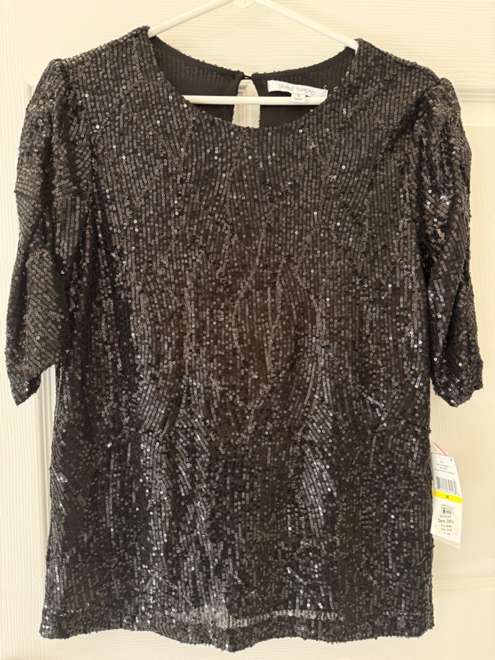 Black Sequin Short Sleeve Shell Top